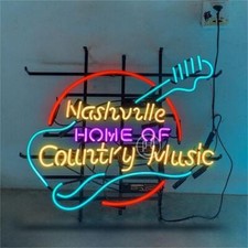 Guitarra Nashville Hogar de Música Country Letrero de Neón Luz 24" Vidrio Real Obra de Arte