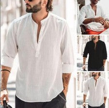 Nuevo Estilo Chino Hombres Algodón Lino Botón Camisetas Informales Delgadas Sólidas Prendas para el torso Regalo