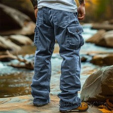 Pantalones de pana para hombre Pantalones de colección Informales Retro Carga Multi-bolsillo Moda Talla