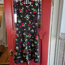 Vestido para mujer Igenjun negro sin mangas cereza con cinturón cremallera trasera talla XXL NUEVO CON ETIQUETAS