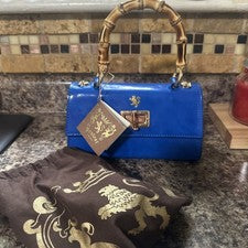 Nuevo con etiquetas Bolso Pratesi Firenze Castalia Dama Cuero Italiano Mango Bambú Eléctrico Azul