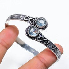 Brazalete de joyería hecho a mano de plata de ley 925 con piedras preciosas de aguamarina tamaño 7-8"