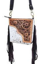 Cartera de hombro de cuero de vaca con flecos florales occidentales para mujer
