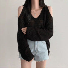 Moda Para Mujer Elegante Cuello en V Hueco Sin Tirantes Suelto Informal Manga Larga Tejido Top