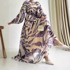 Mujer Medio Oriente Bata Chifón Estampado Largo Moda Elegante Vestido con Cinturón