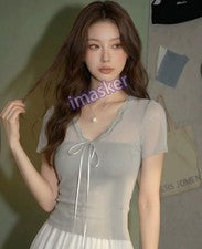 Moda Para mujeres Moño Cuello en V Camiseta Manga Corta Verano Niña Prendas para el torso Ajustadas