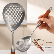 Rejilla de acero inoxidable cuchara ranurada con mango largo de madera para cocinar
