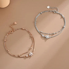 Pulsera doble mujer y brazalete flor con circonitas plata de ley 925 / 17,5 cm