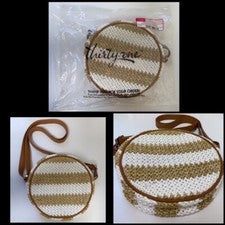NUEVO Bolso Bandolera Thirty One Joya Redondo Estilo Cantimplora Bolso de Paja a Rayas Tostado