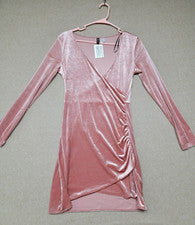 NUEVO CON ETIQUETAS~ DIVIDIDO H&M Vestido Para Mujer Talla 10 Manga Larga Terciopelo Rosa Acanalado Elástico