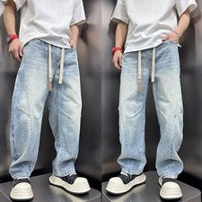 Moda Para Hombres Denim Harén Pantalones Jeans Cordón Sueltos Clásicos Informales Pantalones