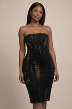 Vestido midi ceñido al cuerpo sin tirantes negro tie dye para mujer