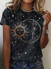 Camiseta Cuello Redondo Estampado Sol Luna Ropa Informal Manga Corta Mujer Moda