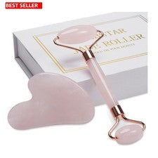Juego de rodillos faciales portátiles de jade rosa y Gua Sha - Regalo perfecto de San Valentín