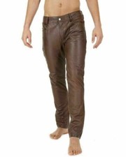 Elegante Pantalón Marrón Para Hombre Cuero de Cordero Genuino Informal Ropa de Fiesta Aspecto Motociclista