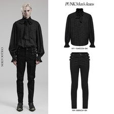 Pantalones de mezclilla negros decoración con hebilla de pierna recta ajustados Punk Rave para hombre