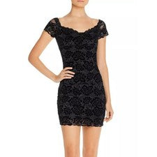 Mini Vestido para Mujer GUESS Drea Flocado Floral Encaje Bodycon Negro Talla Pequeña Nuevo sin Etiquetas
