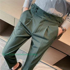 Hombres Gurkha Estilo Británico Cintura Alta Largo Recto Pantalones de Vestir de Negocios Pantalones