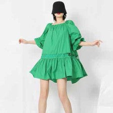 Vestido Mujer Corto Bohemio Verde Abocinada Perforado Moda Boho 28248