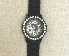 Reloj de diseñador Geneva para mujer de cristal redondo esfera negra correa de silicona negra ¡Nuevo!