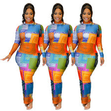 Moda Para Mujer Vestido Midi Estampado Multicolor Mangas Largas Retazos Bodycon Club