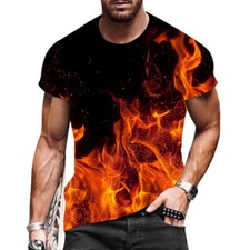 Camiseta Hombres Manga Corta Fuego Moda Antiguo Estampado Gráfico Negro Rojo