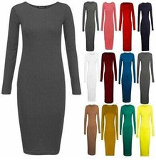 Vestido midi liso ceñido al cuerpo de jersey elástico manga larga para mujer Reino Unido 8-26
