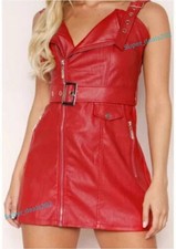 Mini vestido de cuero rojo de piel de cordero para mujer sin mangas con cinturón club fiesta estilo conjunto