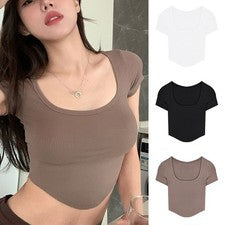 Top corto mujer cuello en U moda coreana manga corta camiseta monocromática