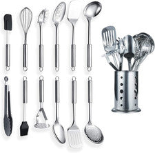 Set de Trece Utensilios de Cocina de Acero Inoxidable con Soporte y Pinzas Kit