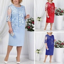 Mujer Moda Mujer Encaje Hueco Delgado Media Manga Cuello Redondo Vestido Talla Grande