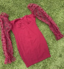 Mini vestido para mujer vino tinto talla pequeña con mangas abullonadas a lunares