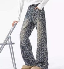 Pantalones de mezclilla azules de algodón para hombre de pierna recta estampados florales de moda punk