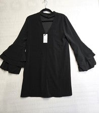 VESTIDO VAINA MUJER LOUVERICHE NEGRO TEJIDO MANGA ESCALONADA PEQUEÑO NUEVO CON ETIQUETAS