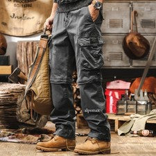 Pantalones cargo desmontables estilo americano retro para hombre bolsillo informales pantalones al aire libre