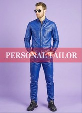 Pantalones de mezclilla de cuero azul real 100 % piel de cordero para hombre estilo bolsillos en el pecho