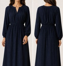 Vestido largo azul marino con cuello acanalado - Mangas abullonadas - Detalle de botones