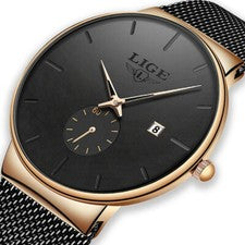 LIGE Relojes Hombre Reloj Pulsera Ultra Delgado Acero Correa Negra Reloj Hombre Cuarzo Regalos