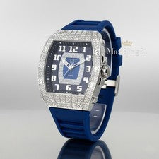 Reloj Hombre Helado Bling Rapero Elegante Simulación Diamante Azul Banda Silicona Lujo