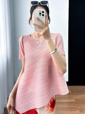 Camiseta para mujer 2024SS moda plegada irregular manga corta suelta media manga