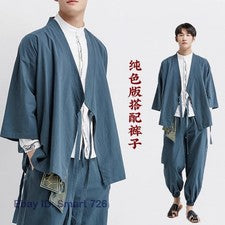 2 piezas Trajes Para hombres Algodón Lino Chaqueta Tang Abrigo Hanfu Verano Retro Pantalones Batas Talla
