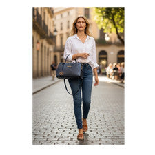 Bolso de mujer GUESS azul oscuro con asa superior en relieve de cocodrilo, cremallera, correa desmontable