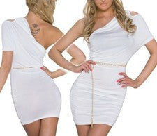 Italy Moda SeXy Vestido Mini Un Hombro Asimétrico Blanco Cinturón Cadena