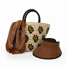 Conjunto de playa de 3 piezas para mujer - Bolso de mano de paja, sombrero parasol y bufanda de moda