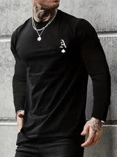 Camiseta Royal Negro Espadas Póquer Sólido Casual Moda Hombre Manga Larga Tee