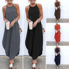 Mujeres Verano Camisa Vestido Moda Solero Vacaciones Playa Maxi Largo Sin Mangas