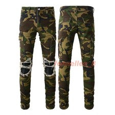Pantalones de mezclilla para hombre rasgados ajustados de camuflaje estilo militar elásticos deshilachados parche de PU 