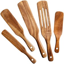 Utensilios de cocina de madera con espátulas ranuradas de teca natural premium 5 piezas