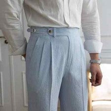 Pantalón Traje Estilo Italiano Nápoles Hombre Azul Rayas Seersucker Cintura Alta Informal