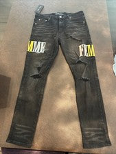 Pantalones de mezclilla desgastados elásticos calce ajustado Letterman cintura talla 32 para hombre + mujer nuevos con e
